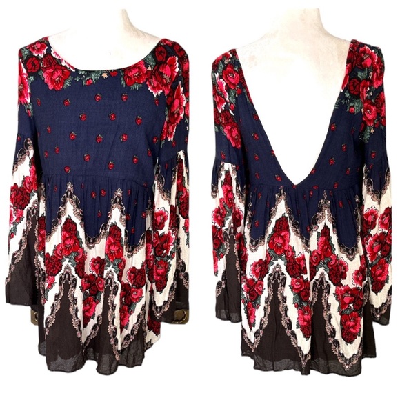 Free People Falling Tapestry Floral Rose Draped Bell Sleeve Peasant Dress - S - Picture 4 of 16